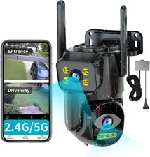 Dual Lens Wifi Security Camera Outdoor, 2.4G/5G PTZ Outdoor Plug-In Camera Auto