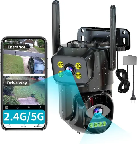 Dual Lens Wifi Security Camera Outdoor, 2.4G/5G PTZ Outdoor Plug-In Camera Auto