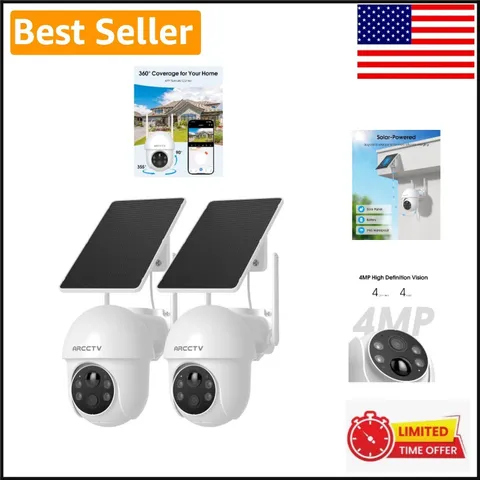 4MP Solar-Powered Wireless Outdoor Camera with 360° View & Night Vision - 2 Pack