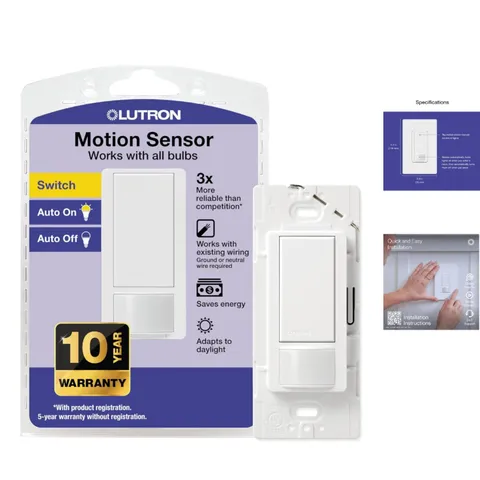 Maestro Motion Sensor Light Switch | 2 Amp Single Pole, Easy Installation, White
