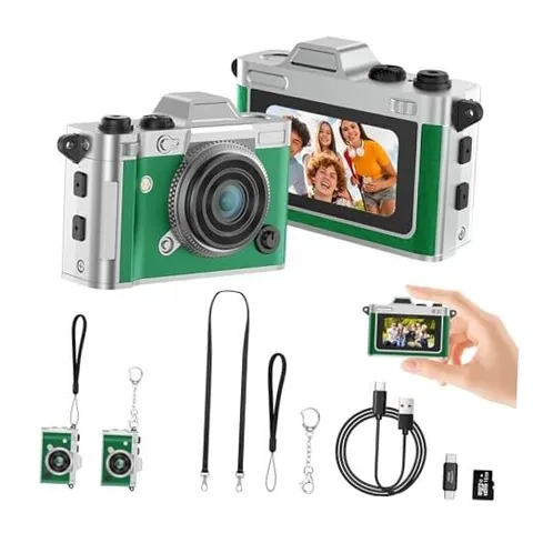 Pocket Mini Camera, Y2K Retro Keychain Digital Camera with Leather Body, Green