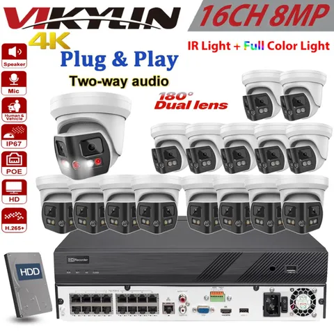 Vikylin 16CH 16POE NVR+ 8MP POE IP Camera Dual Lens 180° View Full Color+IR Lot