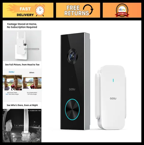 2K Wireless Doorbell Camera, Battery Powered, 2.4G WiFi, Smart Home Security