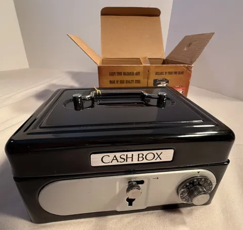 Locking Cash Box Black,  Metal Toy for Kids w Combination Lock & 2 Keys New