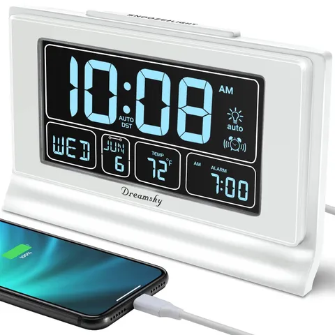 DreamSky Alarm Clocks for Bedrooms with Battery Backup, Auto Set Digital Cloc...