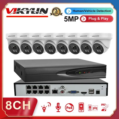 Vikylin 8CH 8POE NVR CCTV System 5MP IP Camera Outdoor IR Night Vision Audio Lot