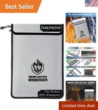 2 Pockets Fireproof Document Bag 15"x11", Protect Values from Fire | 2000 ℉ F...