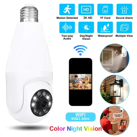 2K/3MP E27 Light Bulb Security Camera 5G&2.4GHz WiFi 360° IP Camera Motion Track