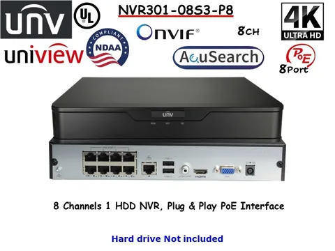UNV Uniview NVR301-08S3-P8  8CH 1 HDD NVR, Plug & Play PoE Interface ONVIF