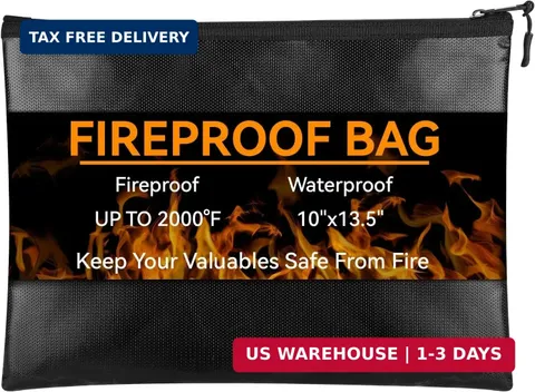 Fireproof Document Bag (10"x13.5"), Waterproof Holder with Zipper for Passport,