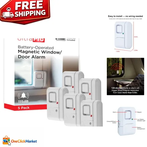 5 Pack Personal Security Window and Door Alarm - 120dB Burglar Alert System