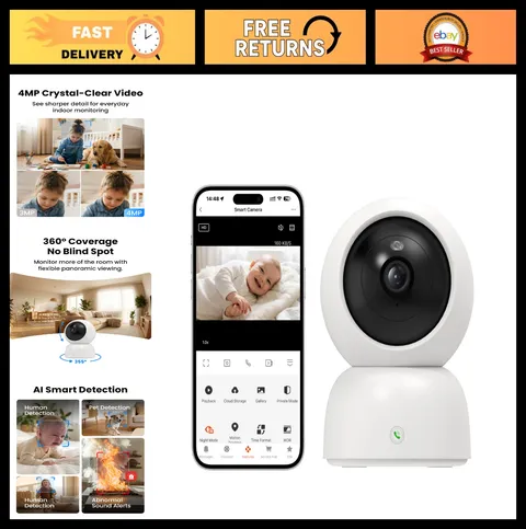 360° PTZ Indoor Security Camera, 4MP 2K WiFi Pet/Baby Monitor, Night Vision, AI