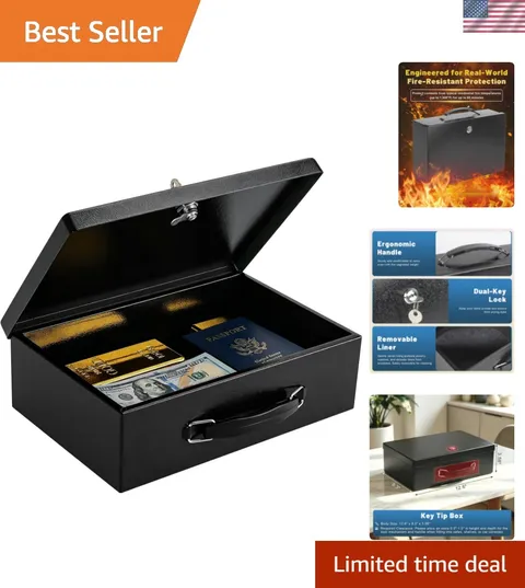 Fireproof Document Box with Key Lock, Small Lock Boxes for Personal Items, Fi...