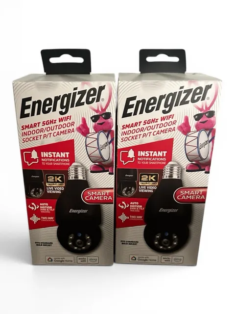 2x Energizer Smart Wi-Fi Indoor Outdoor Bulb Socket P/T 2K Camera NEW Sealed!
