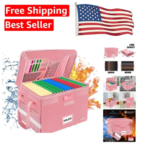 Collapsible Fireproof File Box with Zipper Lock for Legal & Letter Files, Pink