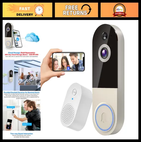 1080p Wireless Doorbell Camera, AI Human Detection, 2-Way Audio, Night Vision, R