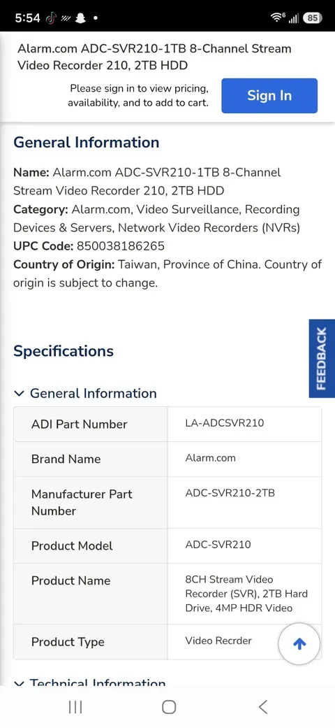 Alarm.com ADC-SVR210 8-Channel Stream Video Recorder 2TB 4MP 24/7 Indoor