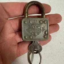 Vintage Master Lock Padlock No. 77 w/ Original Key Embossed Tiger Head - NL