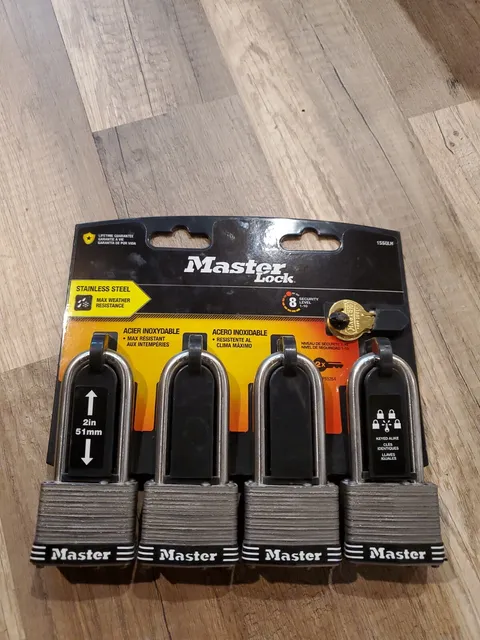 Master Lock Outdoor Padlock 4 Pack Keyed Alike 1 3/4” Wide 2” Shackle 1SSQLH