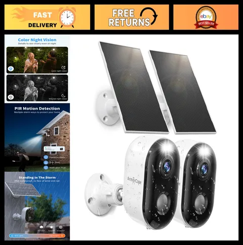 Wireless Outdoor Security Cameras - Solar Powered, 2K Color Night Vision, AI Mot