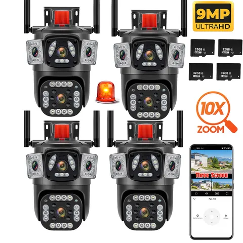 WiFi 360° 10X Zoom 3 Lens 3 Screens Security Camera System Outdoor W/ 32G Card