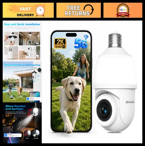 2K WiFi Light Bulb Security Camera, Color Night Vision, Two-Way Talk, Motion Det