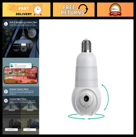 Wireless Security Camera Light Bulb, 360° Pan Tilt, Color Night Vision, LED, Wi-