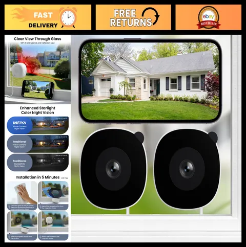 2K No Drill Window Camera 2 Pack | Indoor/Outdoor WiFi, Night Vision, Human Dete