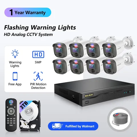 5MP Wired Security Camera System with Red & Blue Warning Lights, 8CH DVR 3TB HDD