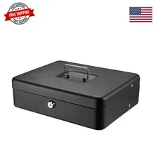 Black Money Saving Box with Cash Tray and Key Lock, Portable Safe Box with Ca...