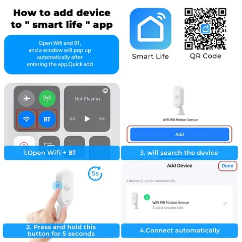 WiFi PIR Motion Sensor Wireless Alarm Infrared Detector With App Alerts