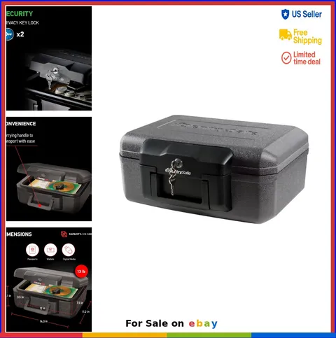 Fire Resistant Safe Box 0.18 Cu Ft Key Lock Black Compact Document Storage