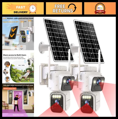Wireless Solar-Powered Outdoor Security Cameras, Dual Lens, Color Night Vision,