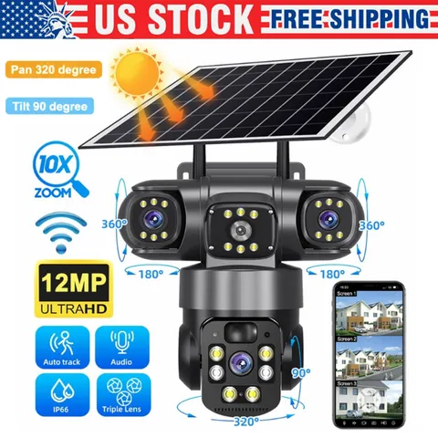 3 Lens 12MP Solar Battery Home Security Camera Outdoor Wifi Wireless PTZ CCTV US