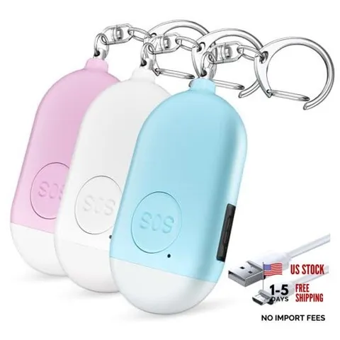 Personal Safety Alarm - 3-Pack - Rechargeable - Strobe LED white+blue+pink