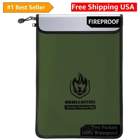 Upgraded Two Pockets Fireproof Document Bag 2000℉, 15”x 11”Waterproof Firepro...