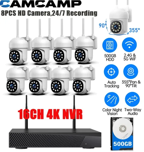 16CH 4K NVR CCTV Wireless Security Camera System 8PC PTZ WiFi Camera 2-Way Audio