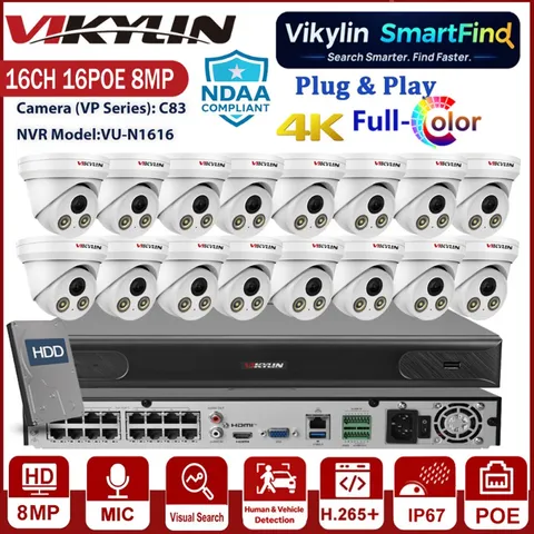 Vikylin SmartFind 4K 8MP 16CH NVR Full Color PoE CCTV Security Camera System Lot
