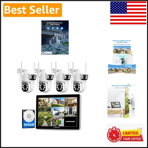 Wireless Security Camera System with 10.1" Monitor & Dual Lens PTZ Cameras