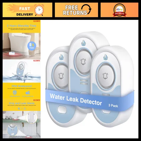 Water Leak Detector 3 Pack - 5-Year Battery, 100dB Alarm, IP66 Waterproof, Self-