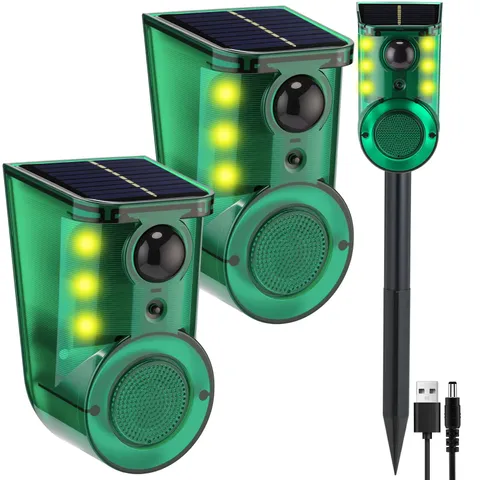 2 Pack Solar Outdoor Ultrasonic Motion Sensor Alarm with Stake, 4-Mode Woking...