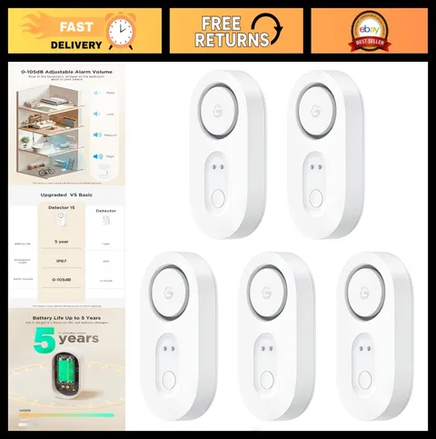 Water Leak Detector 5 Pack - 105dB Alarm, Dual Probes, 5Yr Battery, IP67, Home &