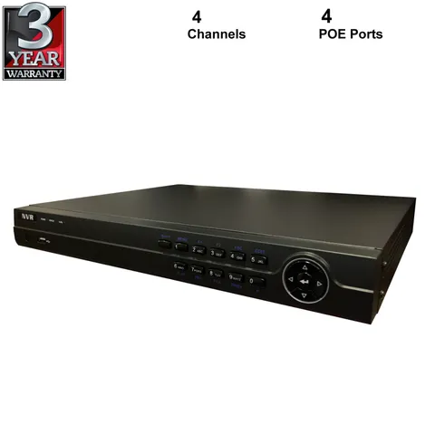 4 Channel 4K NVR with 4 POE Ports, hold up to 2 SATA Disks