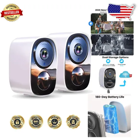 Outdoor 2K Wireless Security Cameras 2pk, Free Cloud Storage, Long Life Batte...