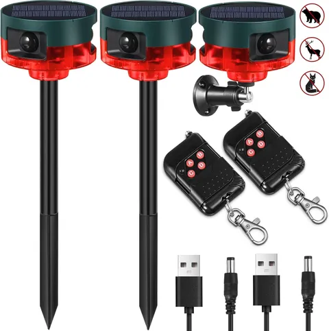 2 Pack Solar Motion Sensor Alarm with Dog Barking & Gunshot Sounds for Security