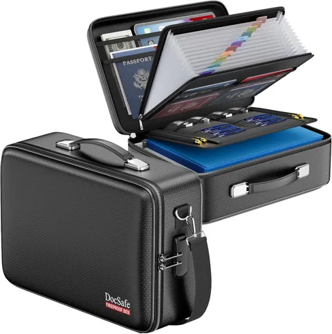 Fireproof Document Box with Lock＆Shoulder Strap, Hard-Shell Case File Organizer