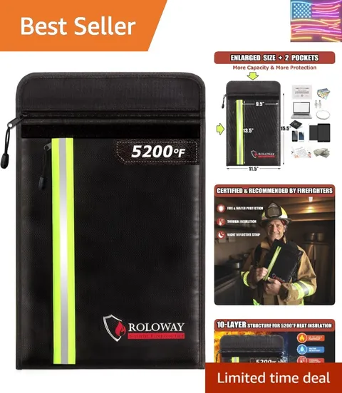 Fireproof Document Bag 15.5 x 11.5 inch with 2 Pockets and 5200℉ Aluminum Foi...