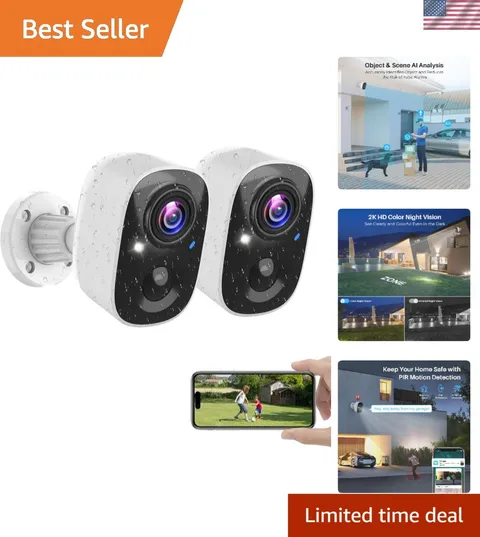 Security Cameras Wireless Outdoor, 2K Battery Powered WiFi Cameras for Home S...