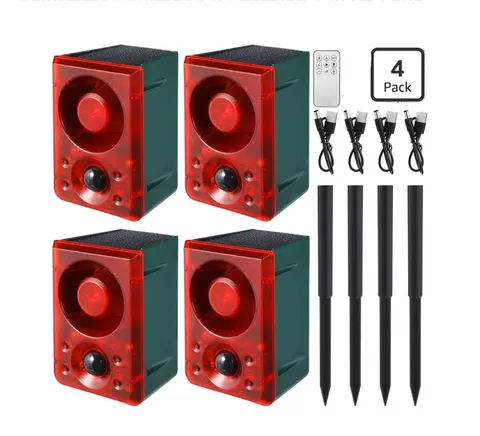 Qualirey 4 Pcs Solar Outdoor Motion Sensor Alarm with Stake Gunshot Sound Red