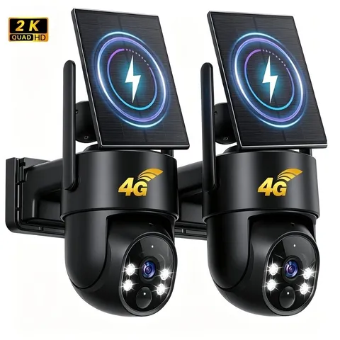 2PCS 4G LTE Solar Security Camera Wireless Outdoor, 2k 360° PTZ
